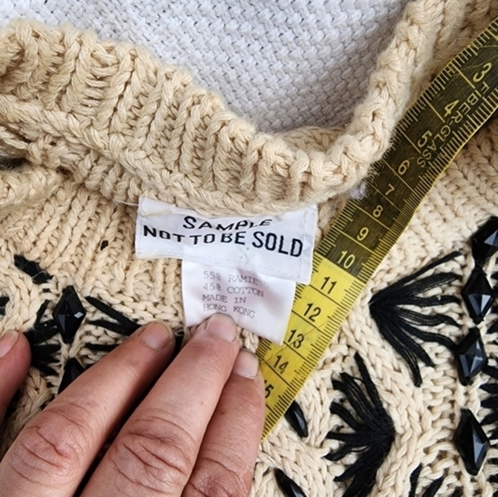 Vintage Cotton Ramie Popcorn Cable Knit Sweater Black Cream M/L - Picture 6 of 16